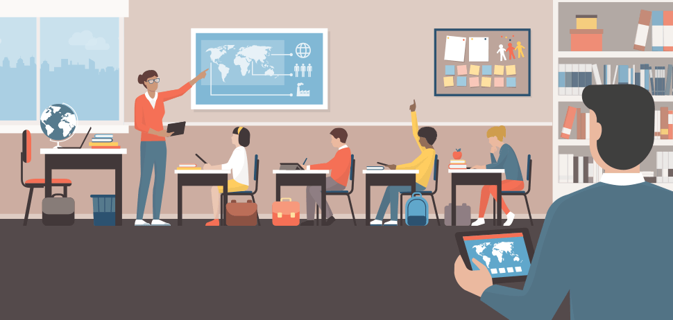 Illustration of a classroom using tablets.