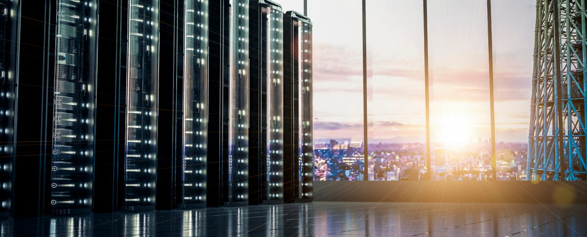 Server room with sunlight shining through the window.