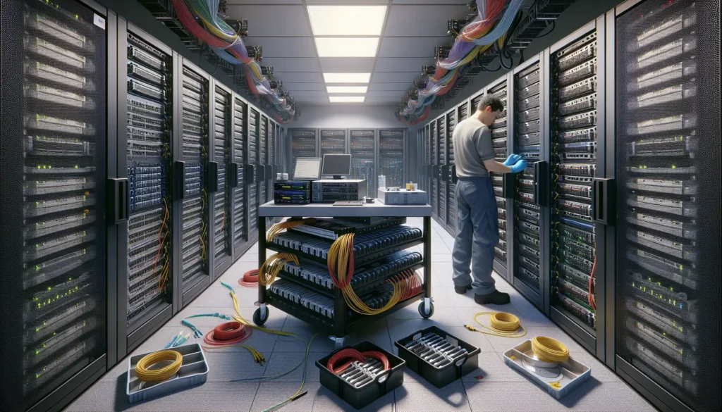 Server racks, erasure station, technician.