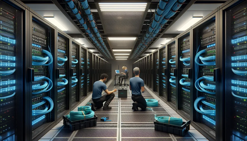 Technicians in cold-aisle server racks.