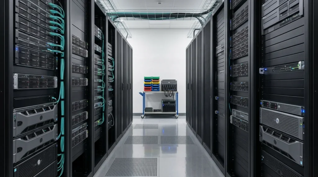 Symmetrical cold aisle server racks.