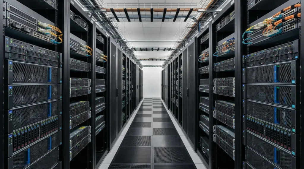 Symmetrical aisle of 42U racks.