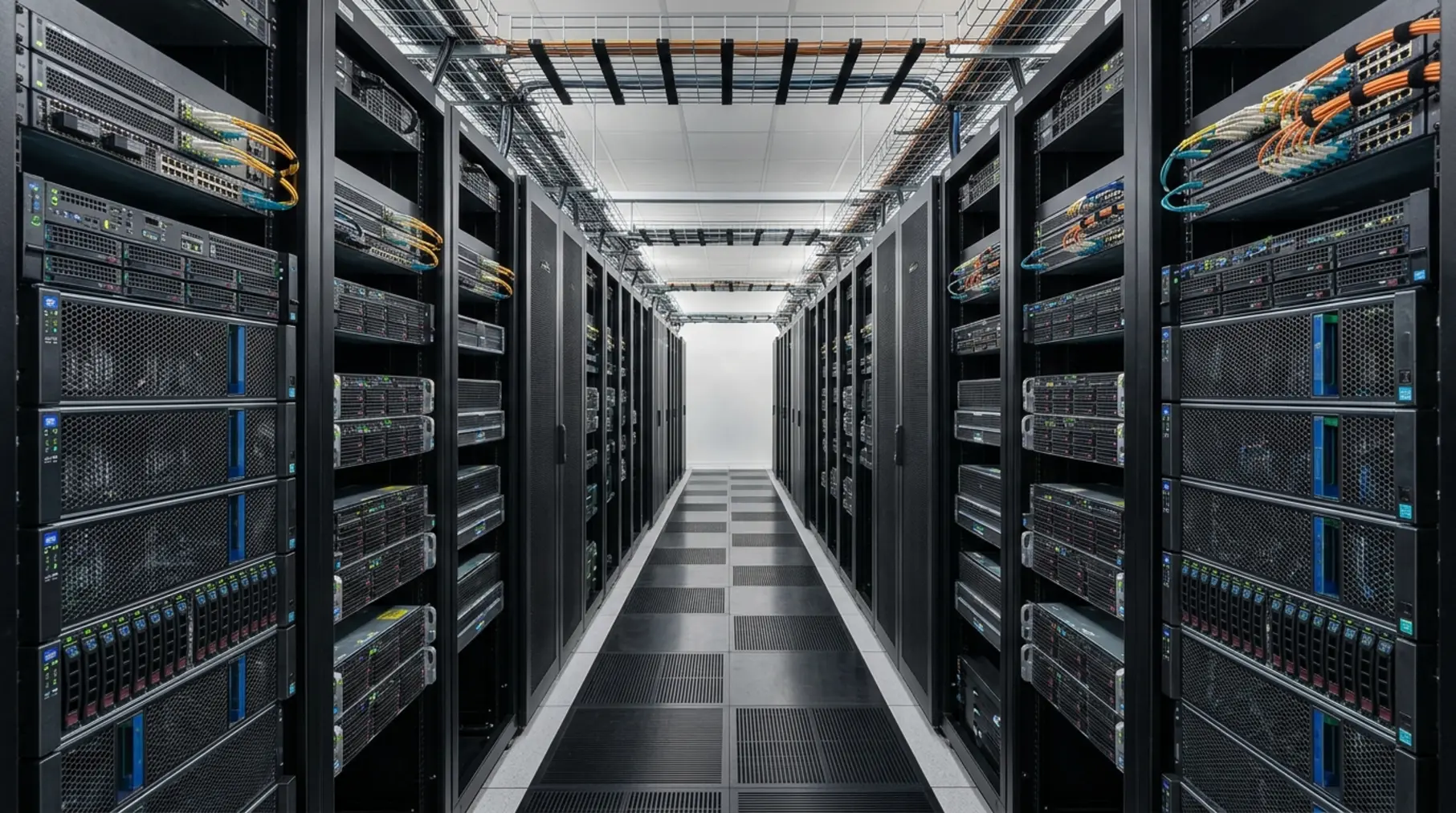 Symmetrical aisle of 42U racks.