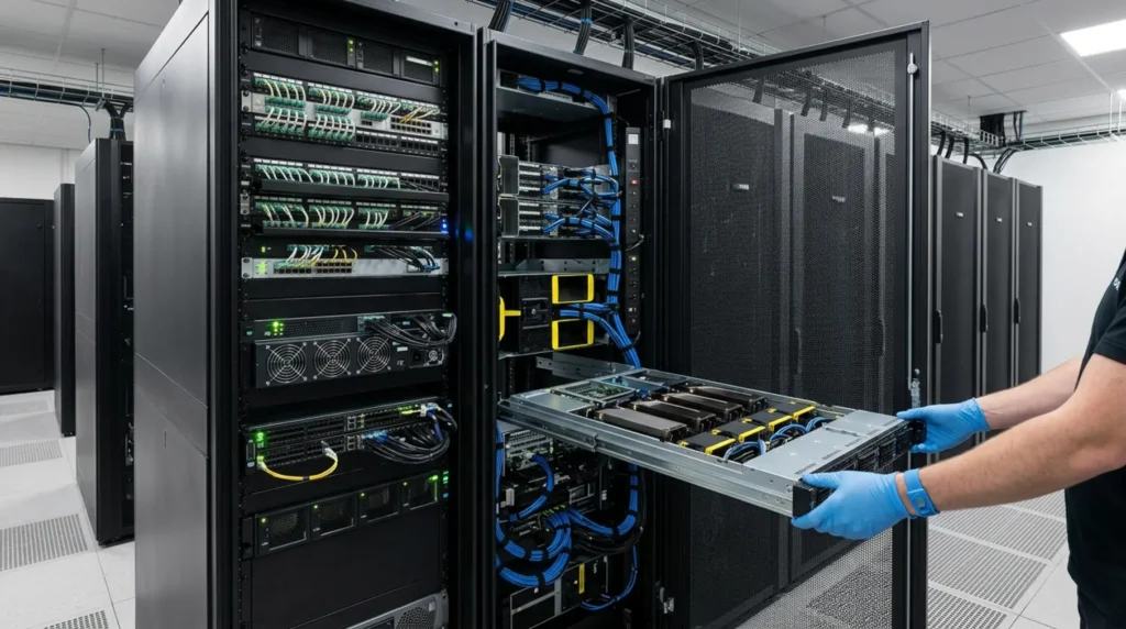 Technician extracts 2U GPU server.