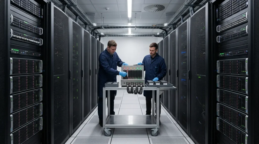 Symmetrical server aisle, sanitisation cart.
