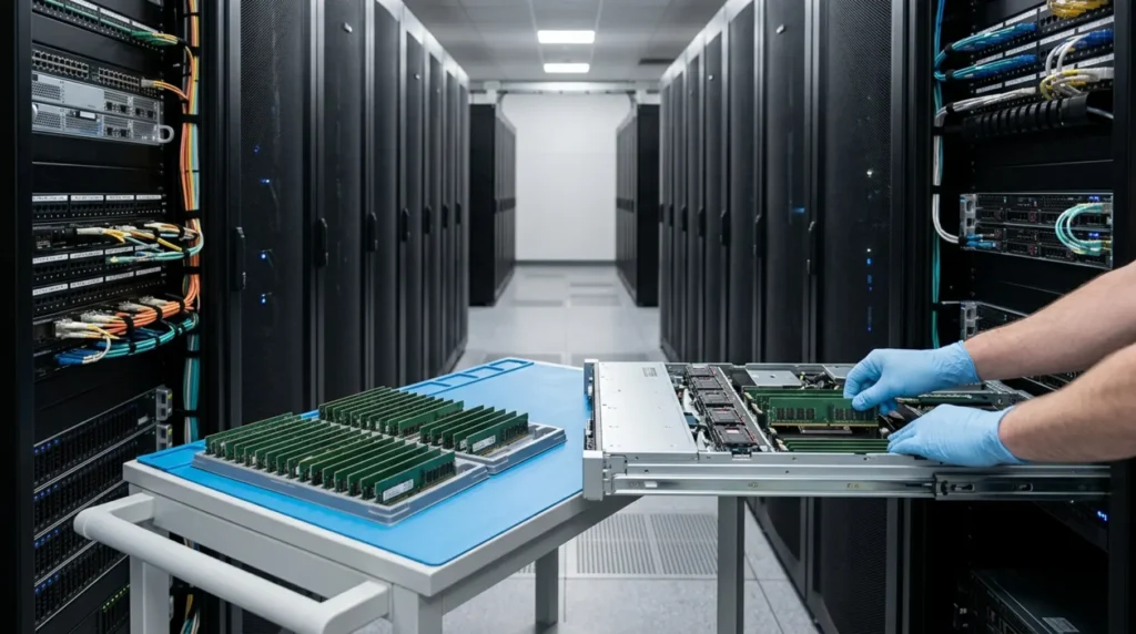 Data centre aisle, DIMM installation.