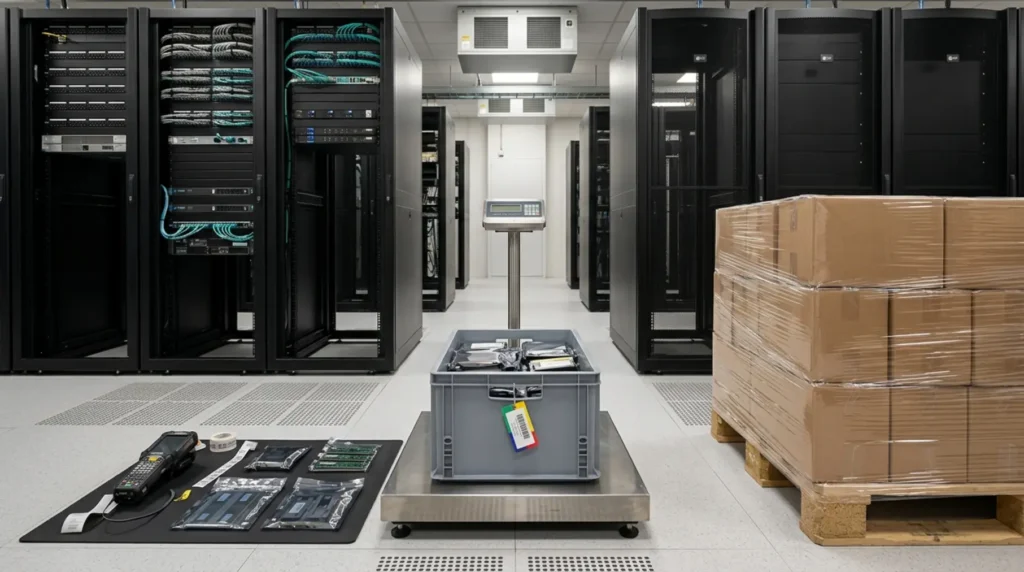 Server aisle with decommissioning equipment.