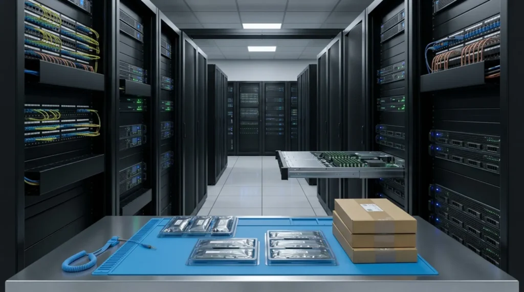 Server aisle and ESD workbench.