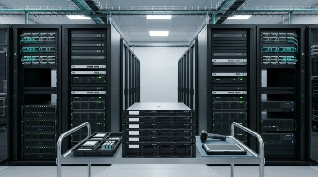 Symmetrical racks, cabling, equipment cart.