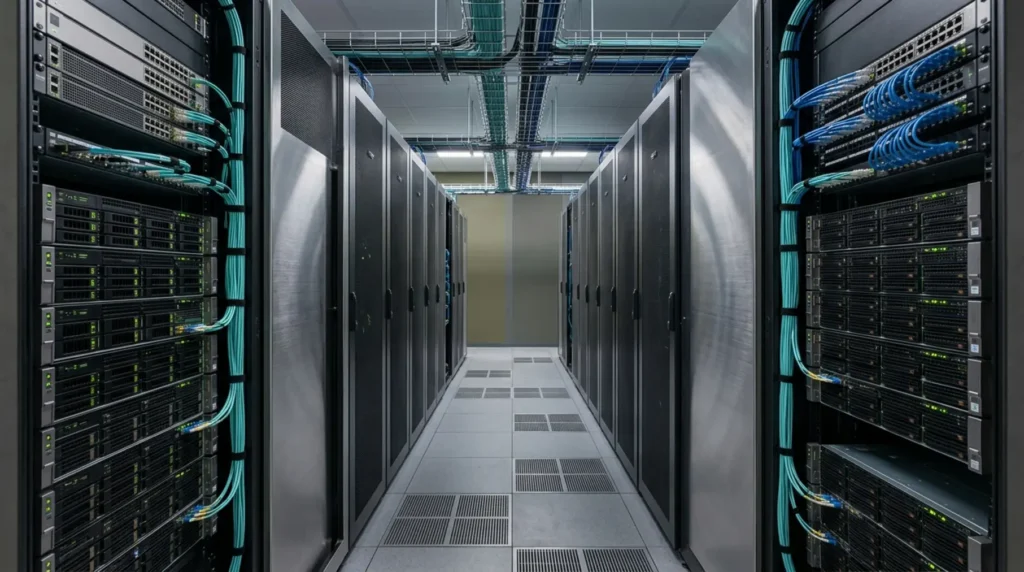 Cold aisle between server racks.