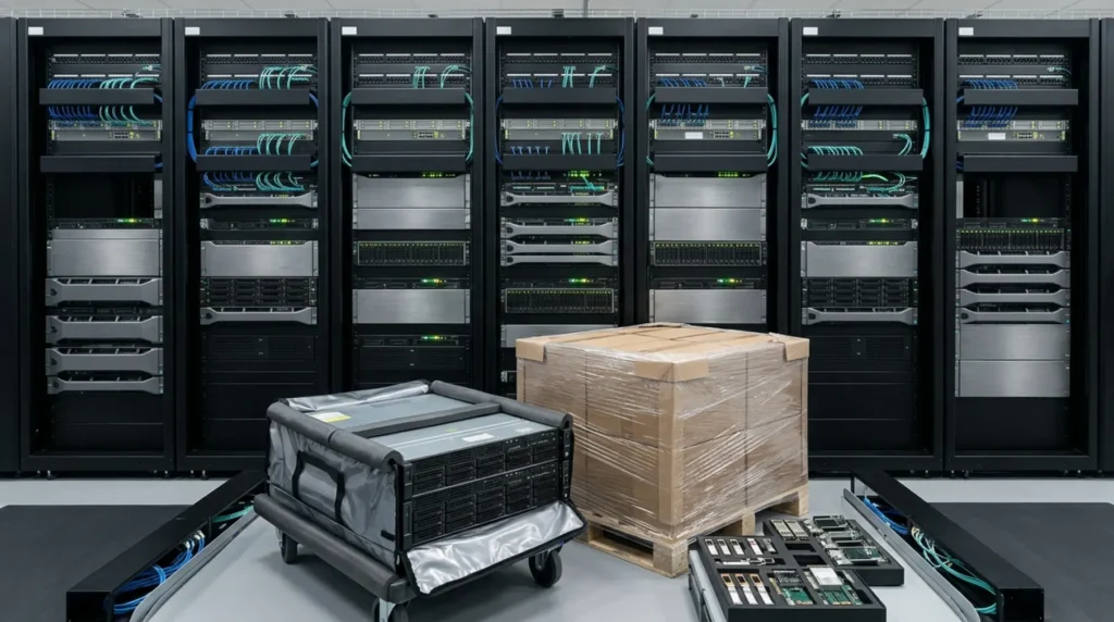 Symmetrical server aisle, palletised cartons.