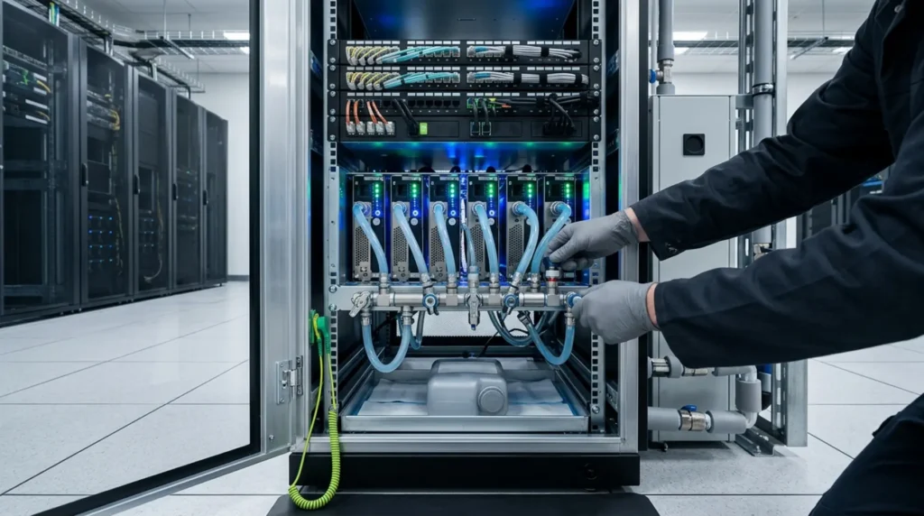 Gloved hands disconnect GPU manifold.