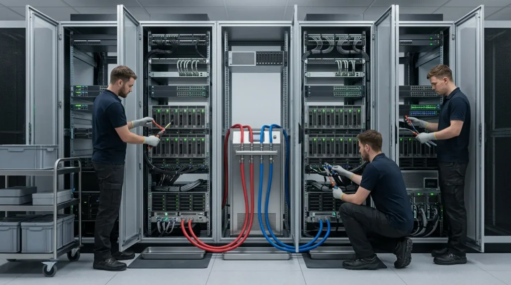 Technicians decommission liquid-cooled server racks.